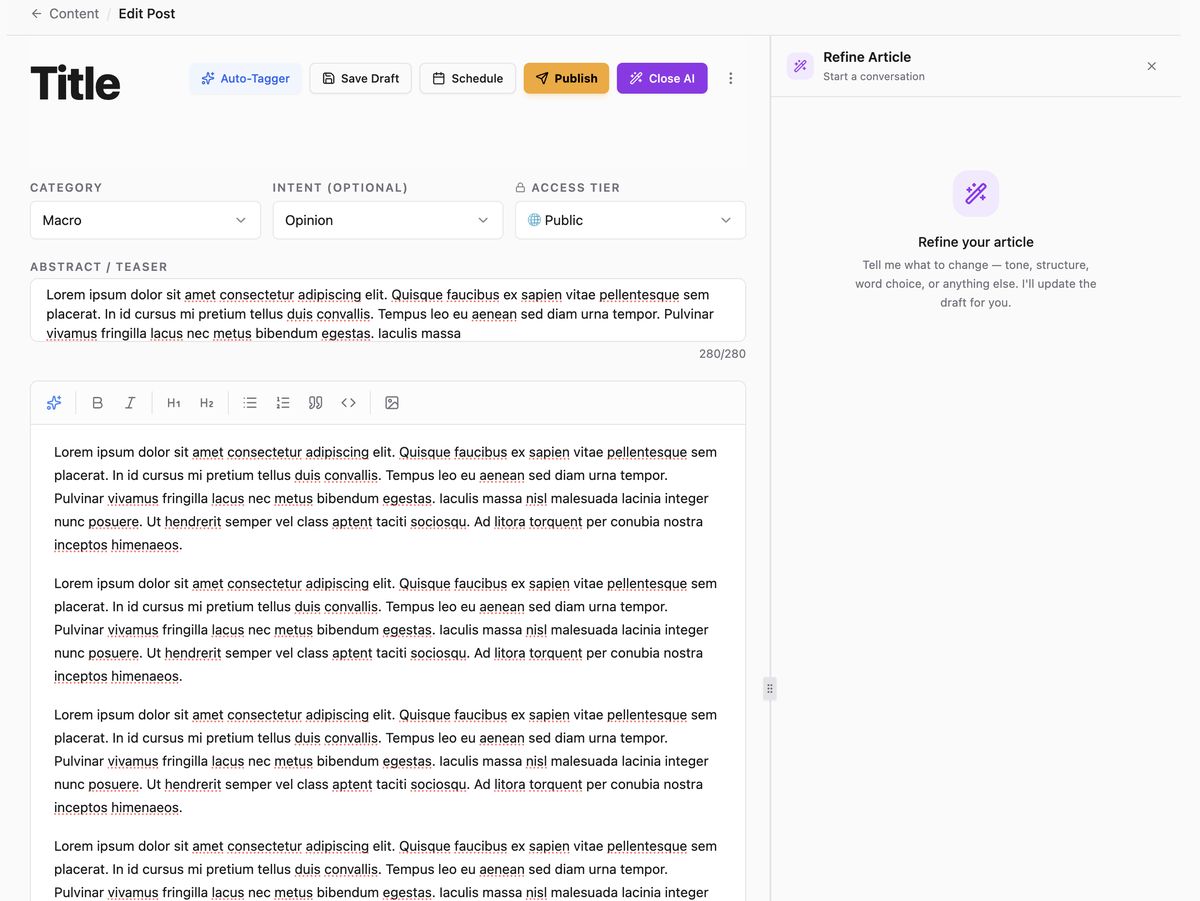 The Buzzably editor with a draft in progress and the Refine Article assistant open alongside it.