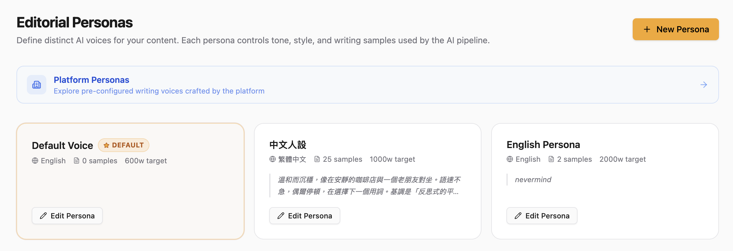 The Editorial Personas screen: distinct AI voices, each with its own language, samples and word target.