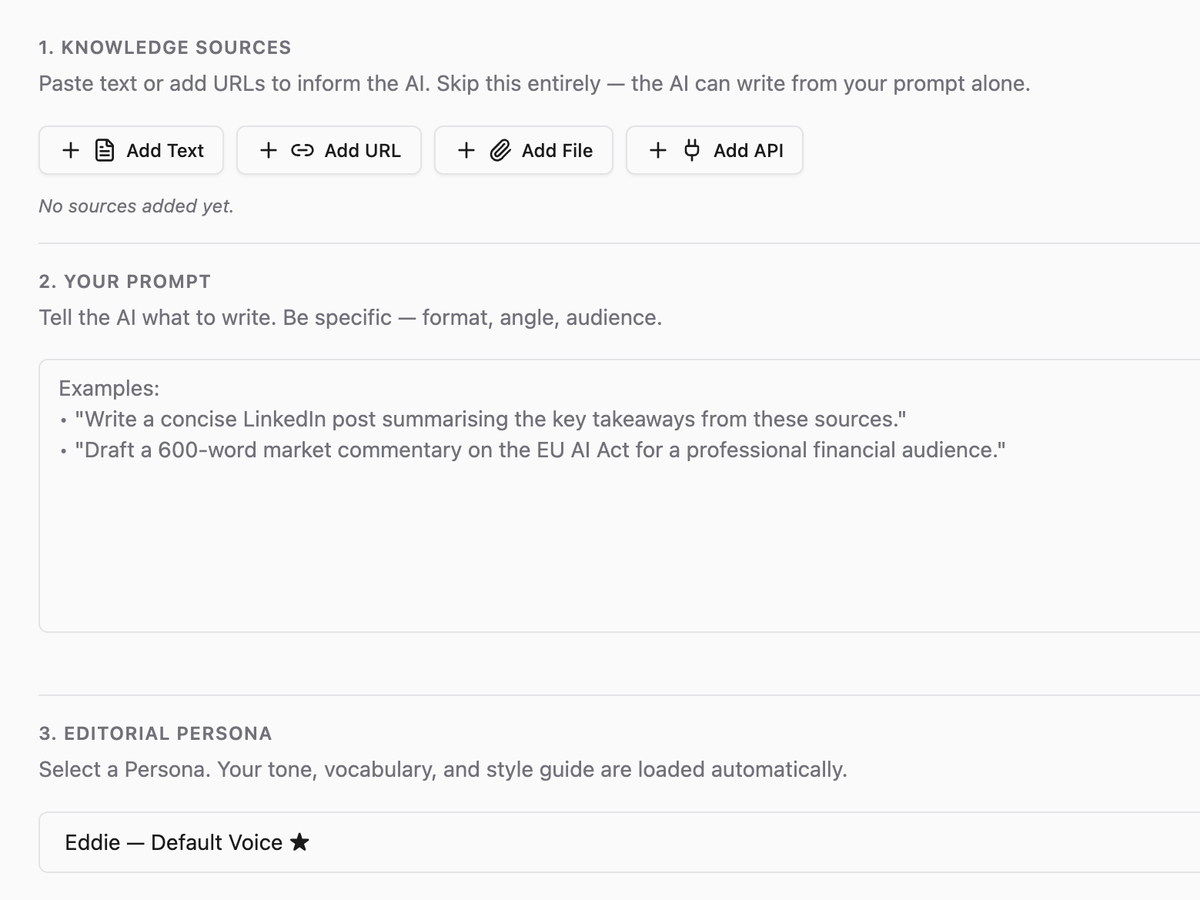 Knowledge sources panel in the Buzzably studio: add text, a URL, a file or an API, then write the prompt.